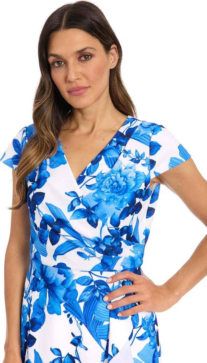 London Times Women's Wrap Flutter Cap Sleeves-Knee Length-Elegant V-Neck Wedding Guest Dress