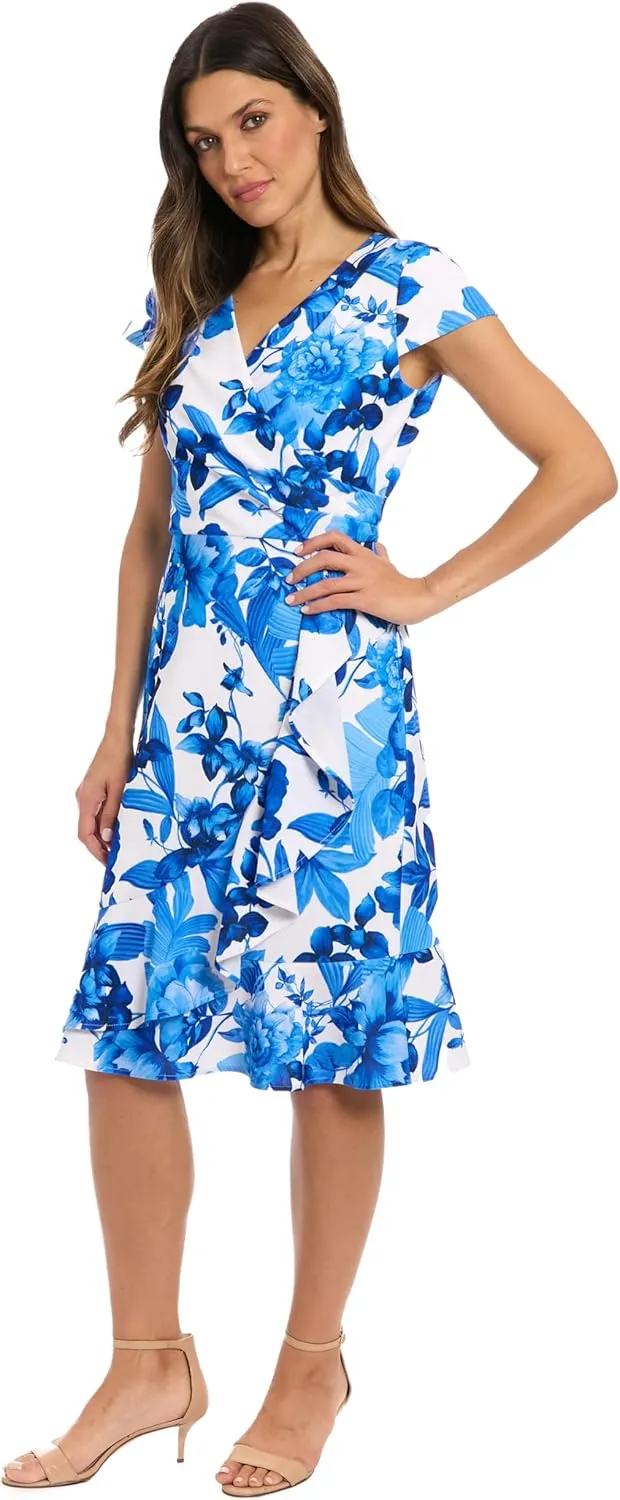 London Times Women's Wrap Flutter Cap Sleeves-Knee Length-Elegant V-Neck Wedding Guest Dress