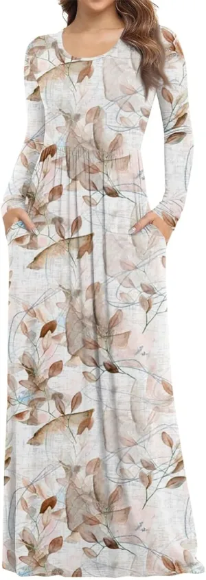 Long Sleeve Maxi Dress for Women Elegant Crew Neck Flowy Swing Dresses Solid Color Wedding Guest Dresses