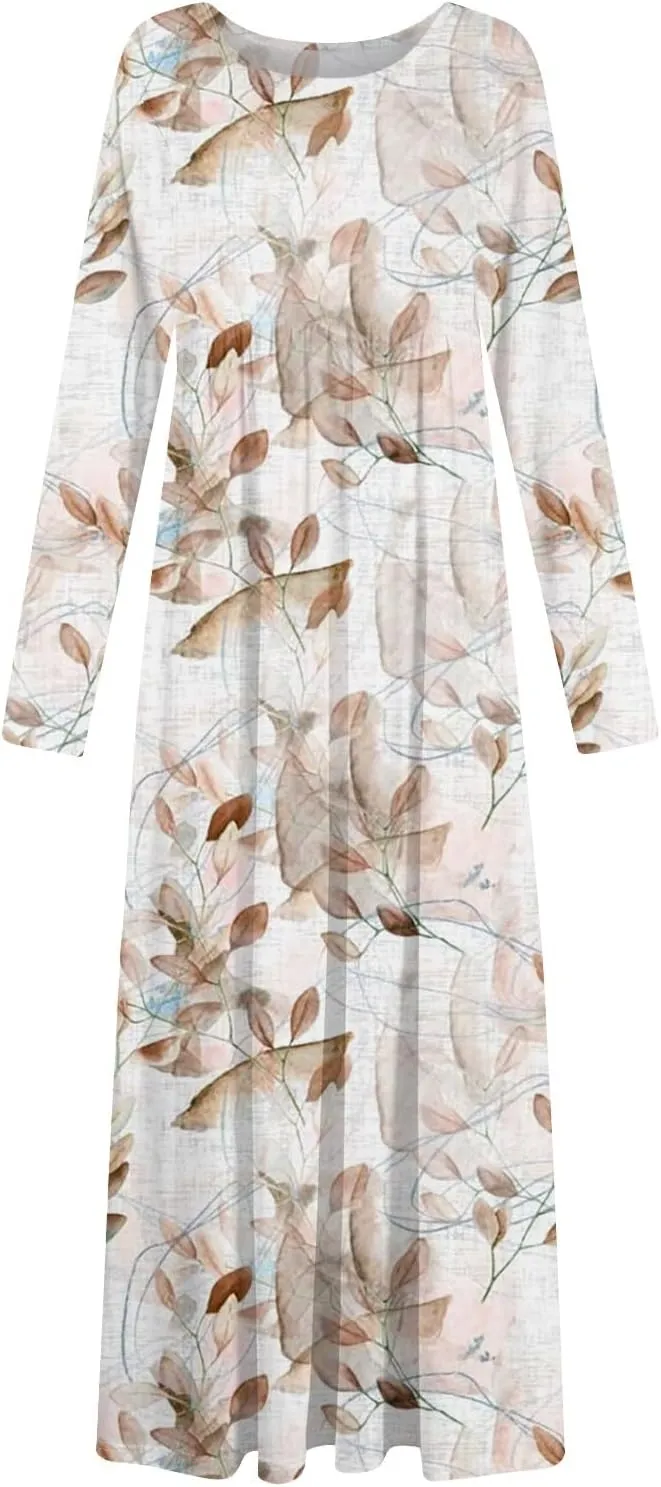 Long Sleeve Maxi Dress for Women Elegant Crew Neck Flowy Swing Dresses Solid Color Wedding Guest Dresses