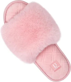 LongBay Women's Fuzzy Faux Fur Memory Foam Cozy Flat Spa Slide Slippers Comfy Open Toe Slip On House Shoes Sandals