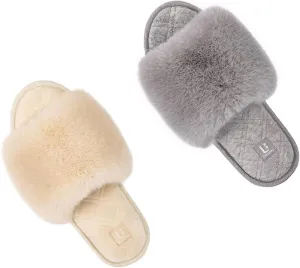 LongBay Women's Fuzzy Faux Fur Memory Foam Cozy Flat Spa Slide Slippers Comfy Open Toe Slip On House Shoes Sandals