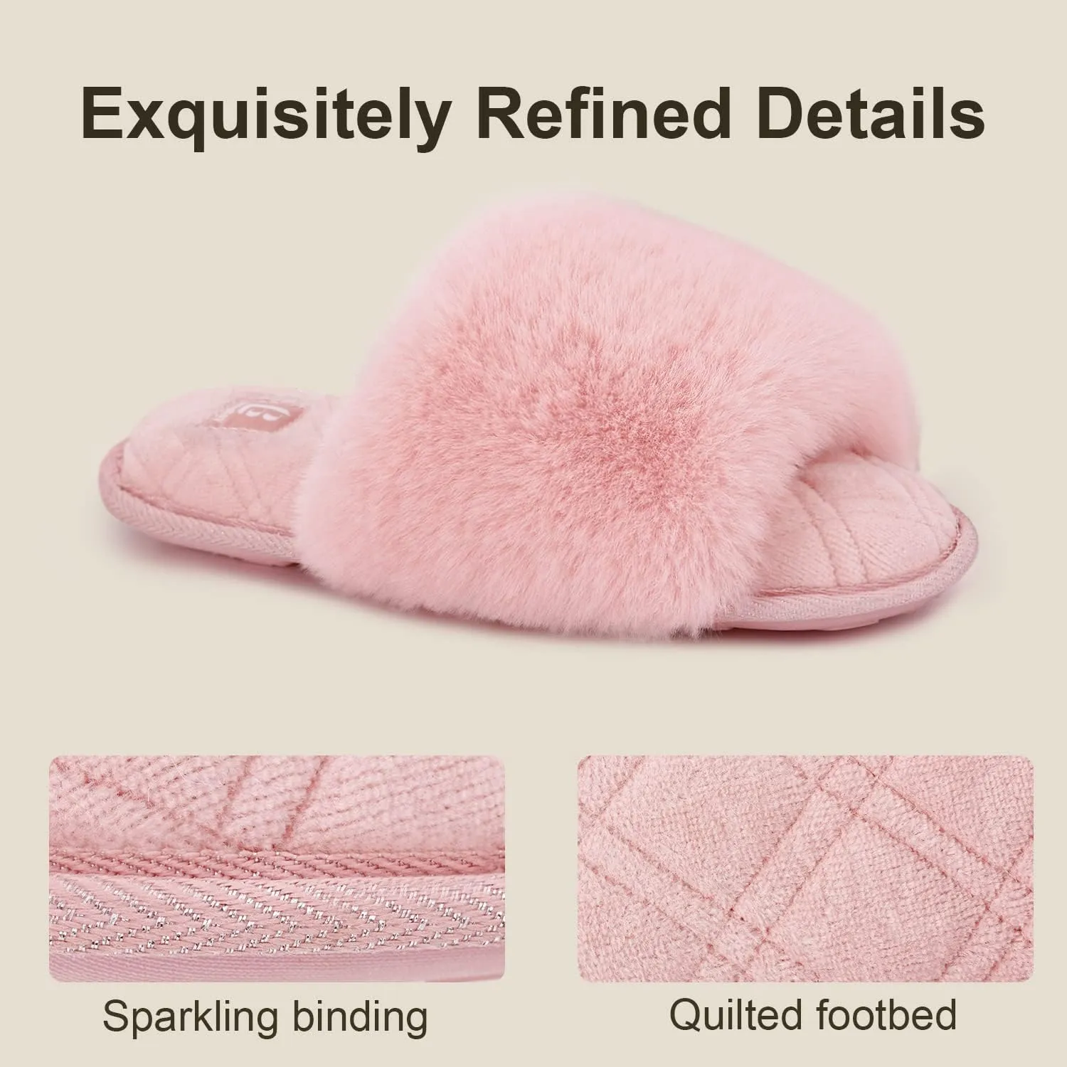 LongBay Women's Fuzzy Faux Fur Memory Foam Cozy Flat Spa Slide Slippers Comfy Open Toe Slip On House Shoes Sandals