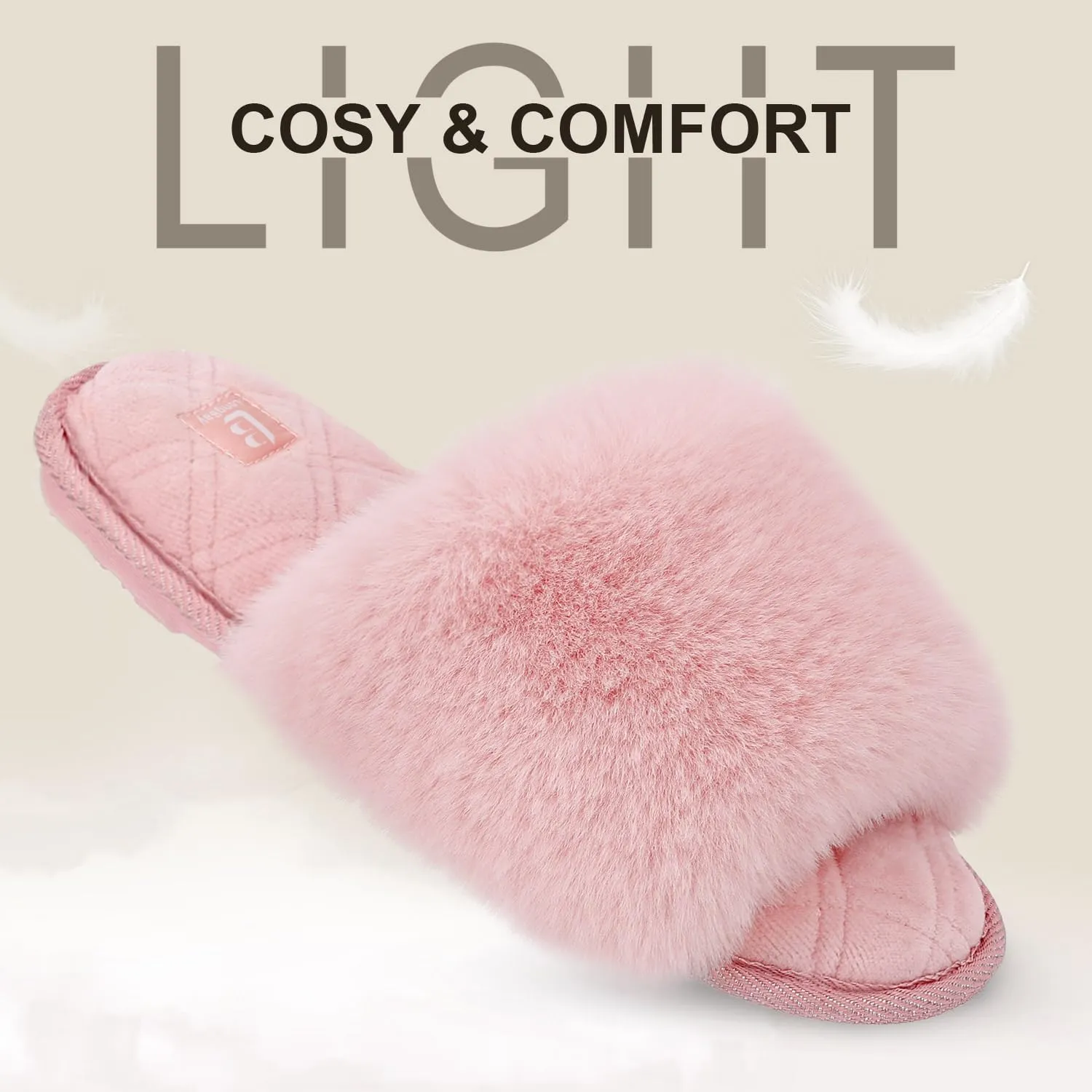 LongBay Women's Fuzzy Faux Fur Memory Foam Cozy Flat Spa Slide Slippers Comfy Open Toe Slip On House Shoes Sandals