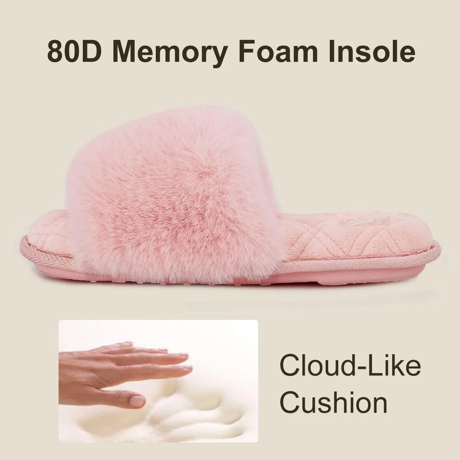 LongBay Women's Fuzzy Faux Fur Memory Foam Cozy Flat Spa Slide Slippers Comfy Open Toe Slip On House Shoes Sandals