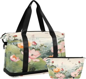 Lotus Flowers Garden Duffel Bag Lightweight Carry On Gym Bags for Travel and Weekends, Versatile Overnight Bag with Shoe Compartment