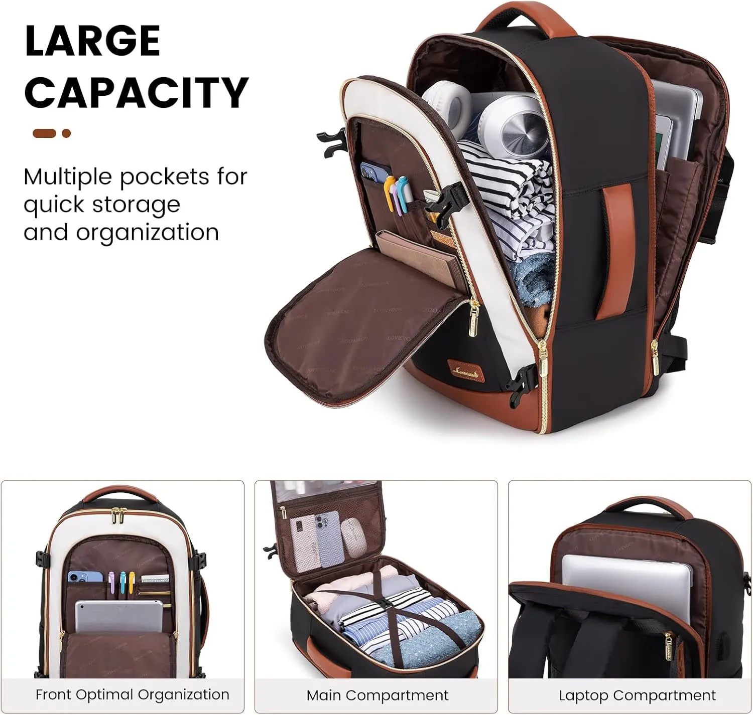 LOVEVOOK Travel Backpack for Women & Men, 40L Carry On Backpack, Personal Item Bag with 3 Packing Cubes, Business Weekender Overnight Luggage Daypack, Fits 17 Inch Laptop, Black Beige