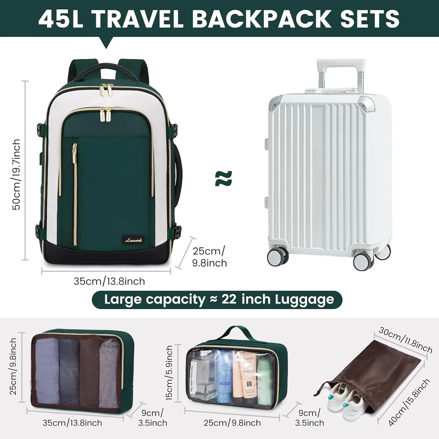 LOVEVOOK Travel Backpack for Women & Men, 45L Carry On Backpack, Personal Item Bag with 3 Packing Cubes, Business Weekender Overnight Luggage Daypack, Fits 18 Inch Laptop, Green Beige