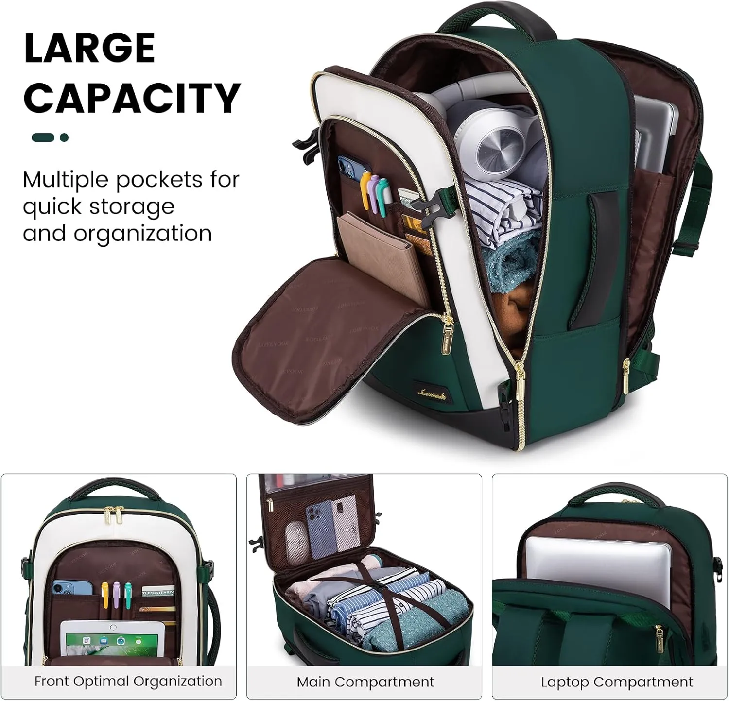 LOVEVOOK Travel Backpack for Women & Men, 45L Carry On Backpack, Personal Item Bag with 3 Packing Cubes, Business Weekender Overnight Luggage Daypack, Fits 18 Inch Laptop, Green Beige