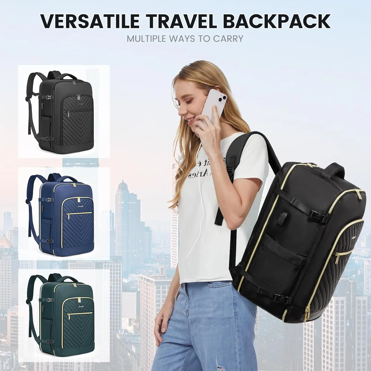LOVEVOOK Travel Backpack With 3 Packing Cubes,Large Carry on Backpack as Personal Item Airline Approved,50L Waterproof Daypack Travel Bag TSA Fit 18inch Laptop Luggage With USB Charging Port