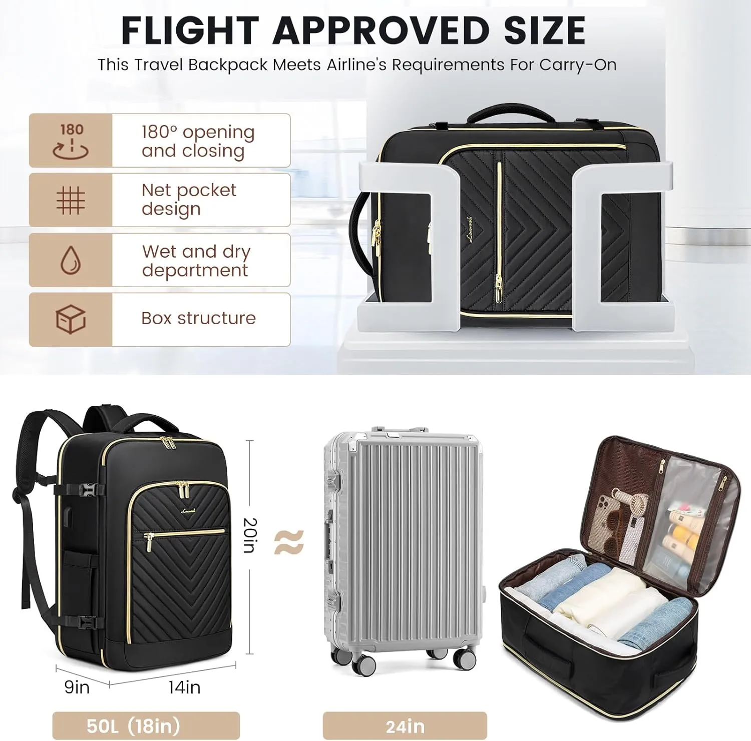 LOVEVOOK Travel Backpack With 3 Packing Cubes,Large Carry on Backpack as Personal Item Airline Approved,50L Waterproof Daypack Travel Bag TSA Fit 18inch Laptop Luggage With USB Charging Port