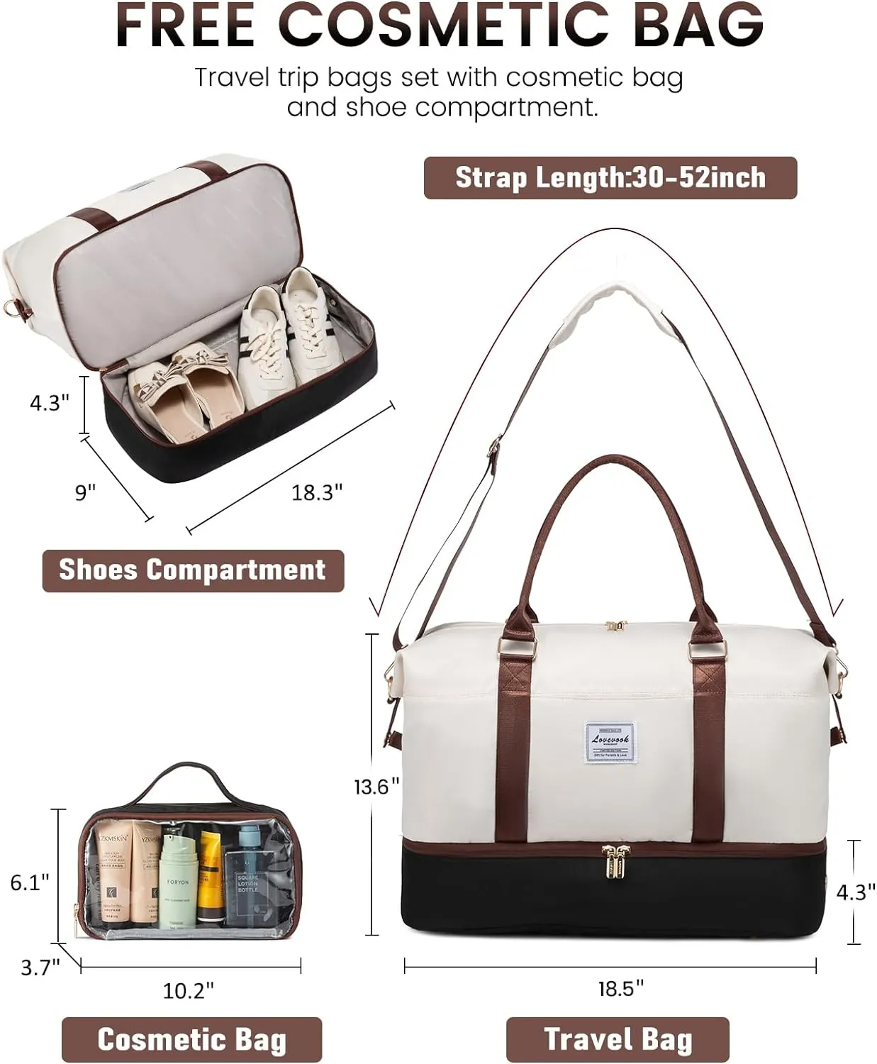 LOVEVOOK Travel Bag Weekender Bags for Women, Carry on Overnight Bag with Shoe Compartment,Duffle Bag with Laptop Pocket,Hospital Bag for Labor Delivery,Gym Tote Bag with Toiletry Bag, White - Black