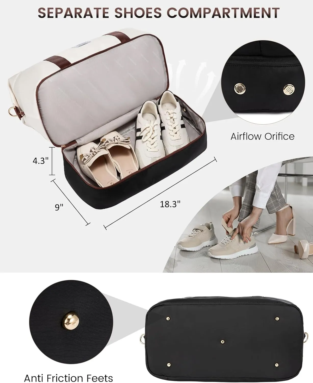 LOVEVOOK Travel Bag Weekender Bags for Women, Carry on Overnight Bag with Shoe Compartment,Duffle Bag with Laptop Pocket,Hospital Bag for Labor Delivery,Gym Tote Bag with Toiletry Bag, White - Black