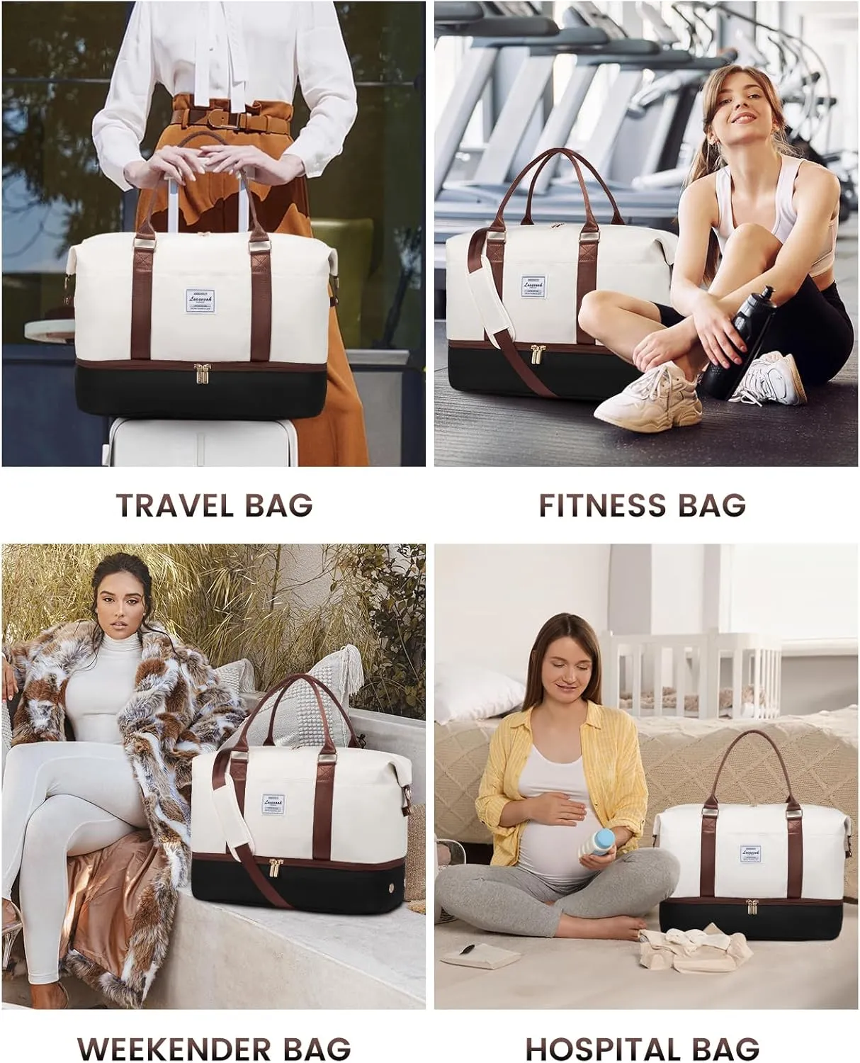 LOVEVOOK Travel Bag Weekender Bags for Women, Carry on Overnight Bag with Shoe Compartment,Duffle Bag with Laptop Pocket,Hospital Bag for Labor Delivery,Gym Tote Bag with Toiletry Bag, White - Black