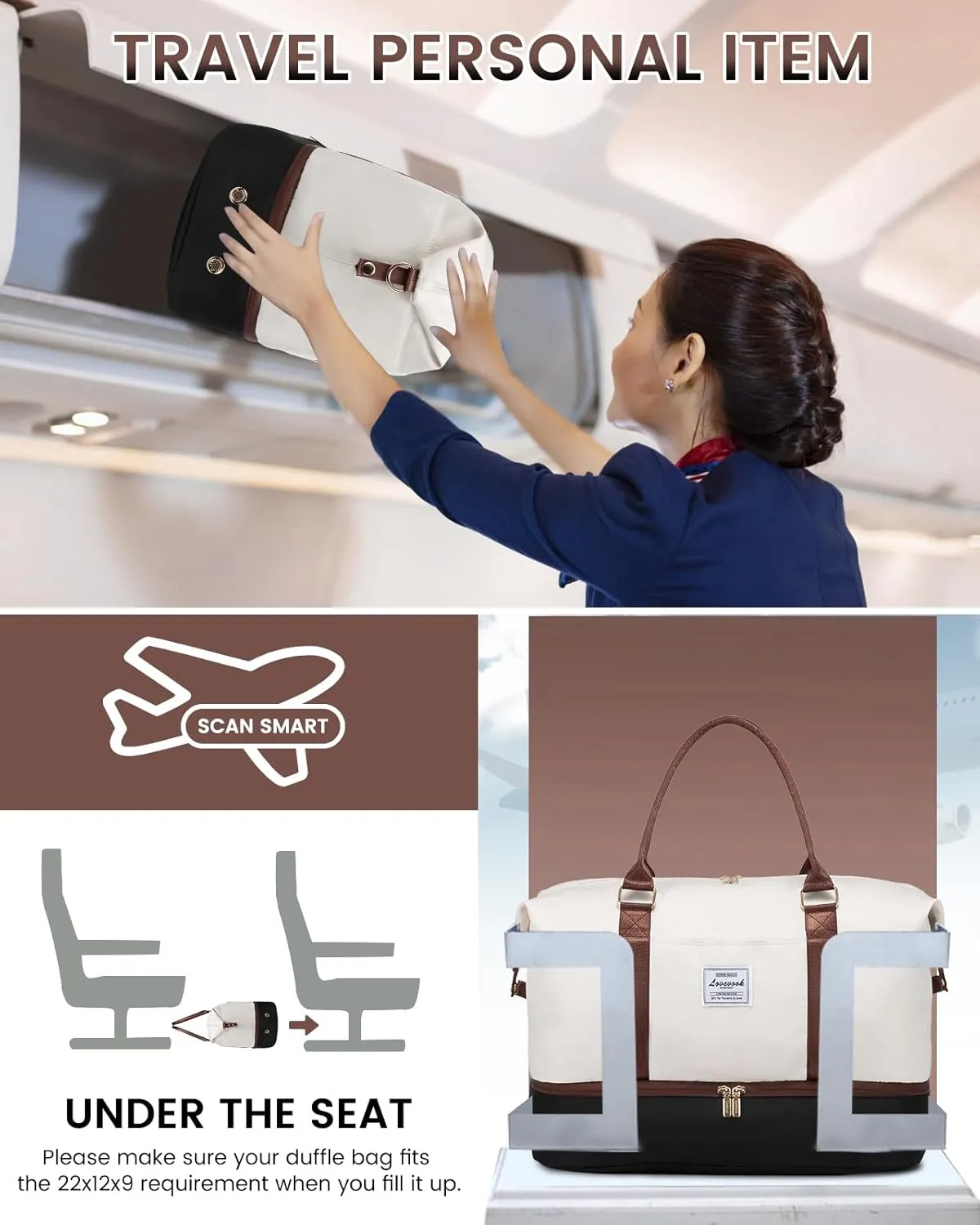 LOVEVOOK Travel Bag Weekender Bags for Women, Carry on Overnight Bag with Shoe Compartment,Duffle Bag with Laptop Pocket,Hospital Bag for Labor Delivery,Gym Tote Bag with Toiletry Bag, White - Black