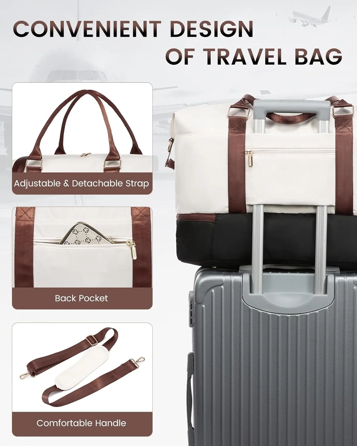 LOVEVOOK Travel Bag Weekender Bags for Women, Carry on Overnight Bag with Shoe Compartment,Duffle Bag with Laptop Pocket,Hospital Bag for Labor Delivery,Gym Tote Bag with Toiletry Bag, White - Black