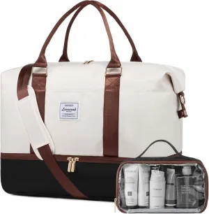 LOVEVOOK Travel Bag Weekender Bags for Women, Carry on Overnight Bag with Shoe Compartment,Duffle Bag with Laptop Pocket,Hospital Bag for Labor Delivery,Gym Tote Bag with Toiletry Bag, White - Black