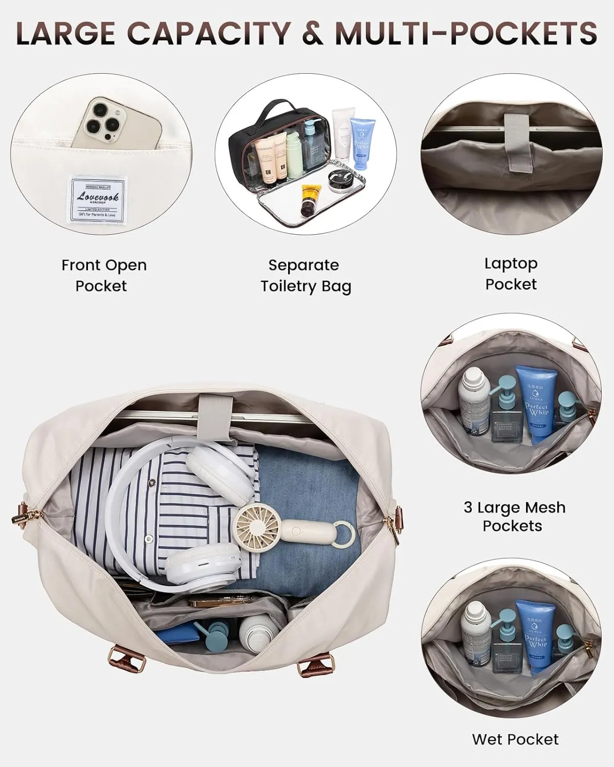LOVEVOOK Travel Bag Weekender Bags for Women, Carry on Overnight Bag with Shoe Compartment,Duffle Bag with Laptop Pocket,Hospital Bag for Labor Delivery,Gym Tote Bag with Toiletry Bag, White - Black