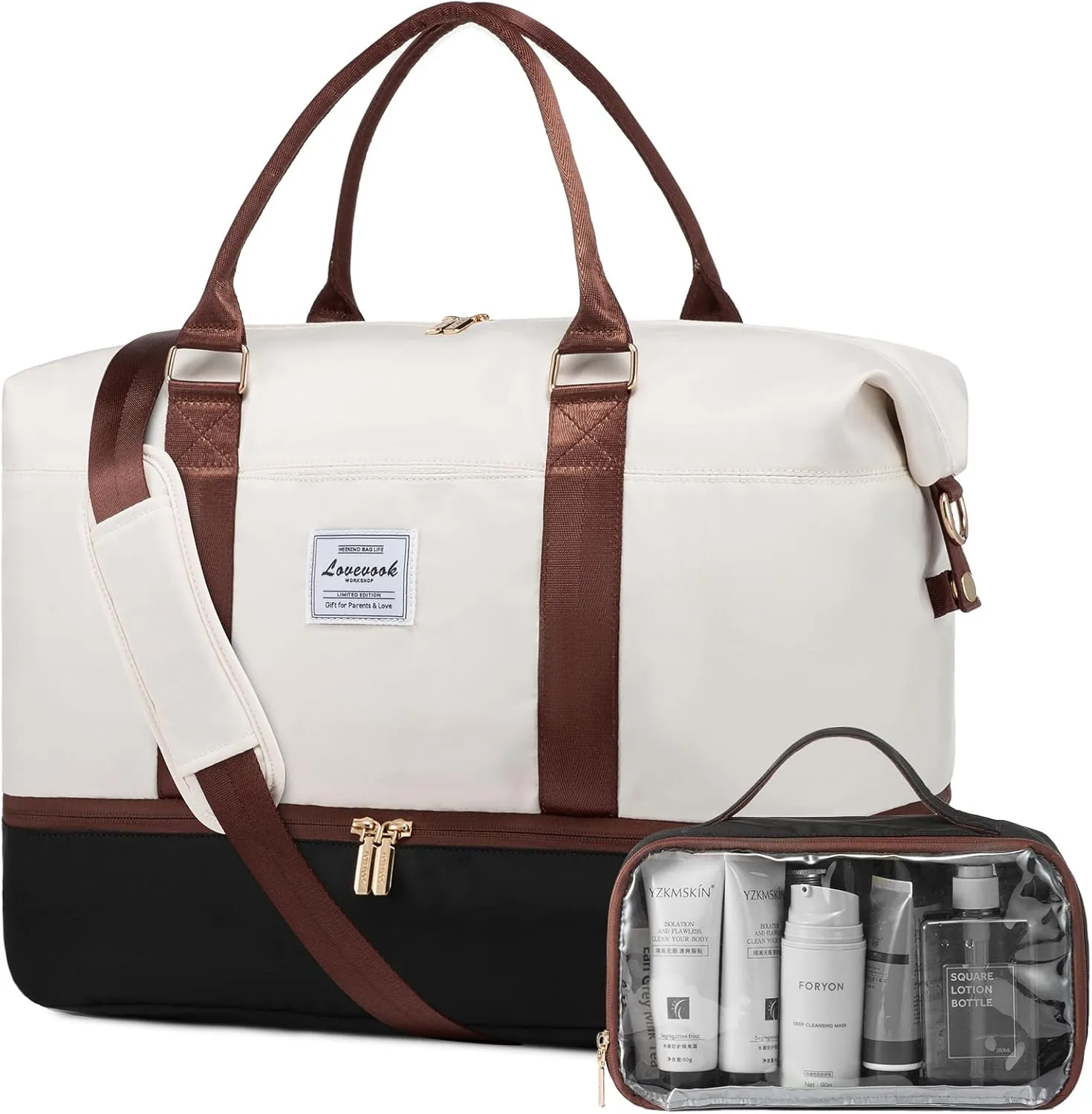 LOVEVOOK Travel Bag Weekender Bags for Women, Carry on Overnight Bag with Shoe Compartment,Duffle Bag with Laptop Pocket,Hospital Bag for Labor Delivery,Gym Tote Bag with Toiletry Bag, White - Black