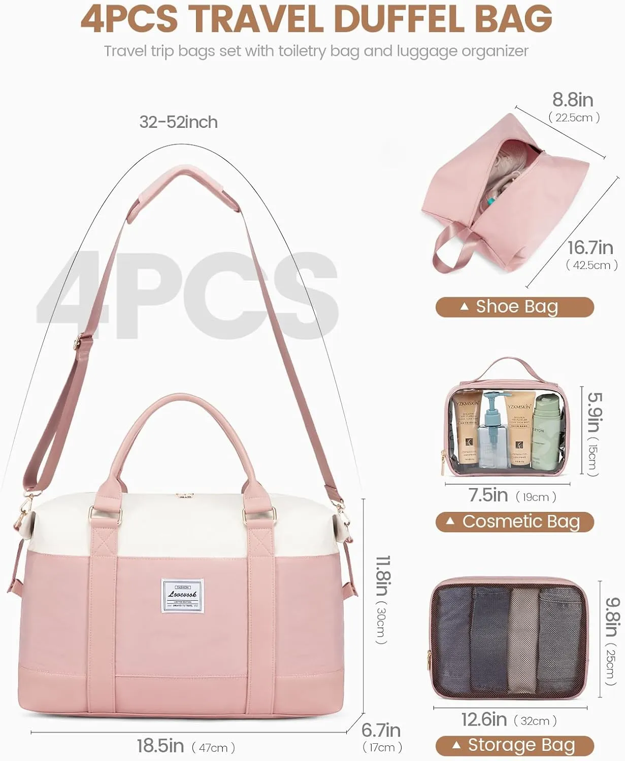 LOVEVOOK Travel Duffle Bag Women,Weekender Bag with Clear Toiletry Bag, Carry on Overnight Bag with Shoe Bag,Hospital Bags for Labor Delivery with Packing Cube