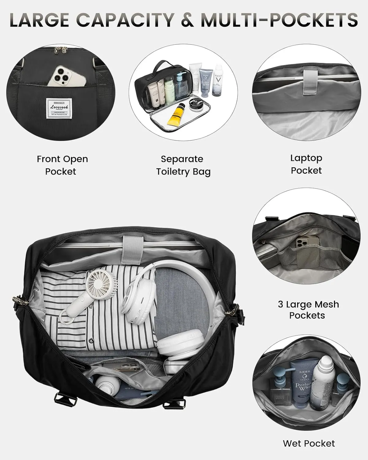 LOVEVOOK Weekender Bags for Women, Black