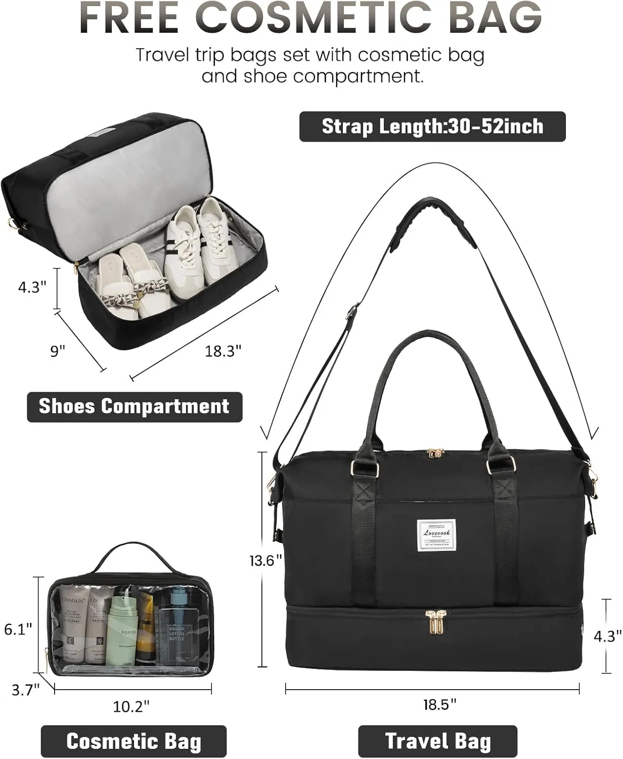 LOVEVOOK Weekender Bags for Women, Black
