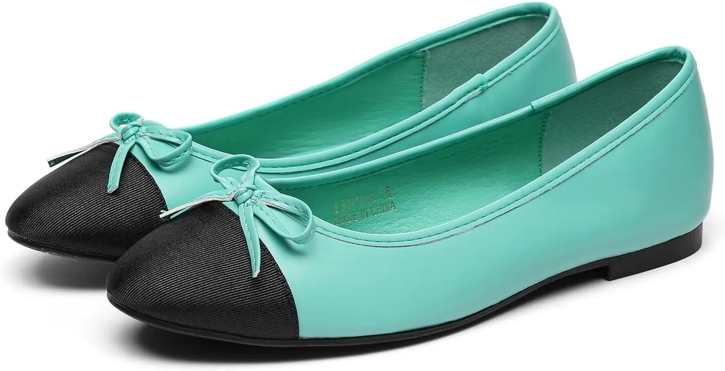 Lryweisy Women's Flats Two-Tone Mary Jane Bow Knit Ballet Comfortable Dressy Shoes