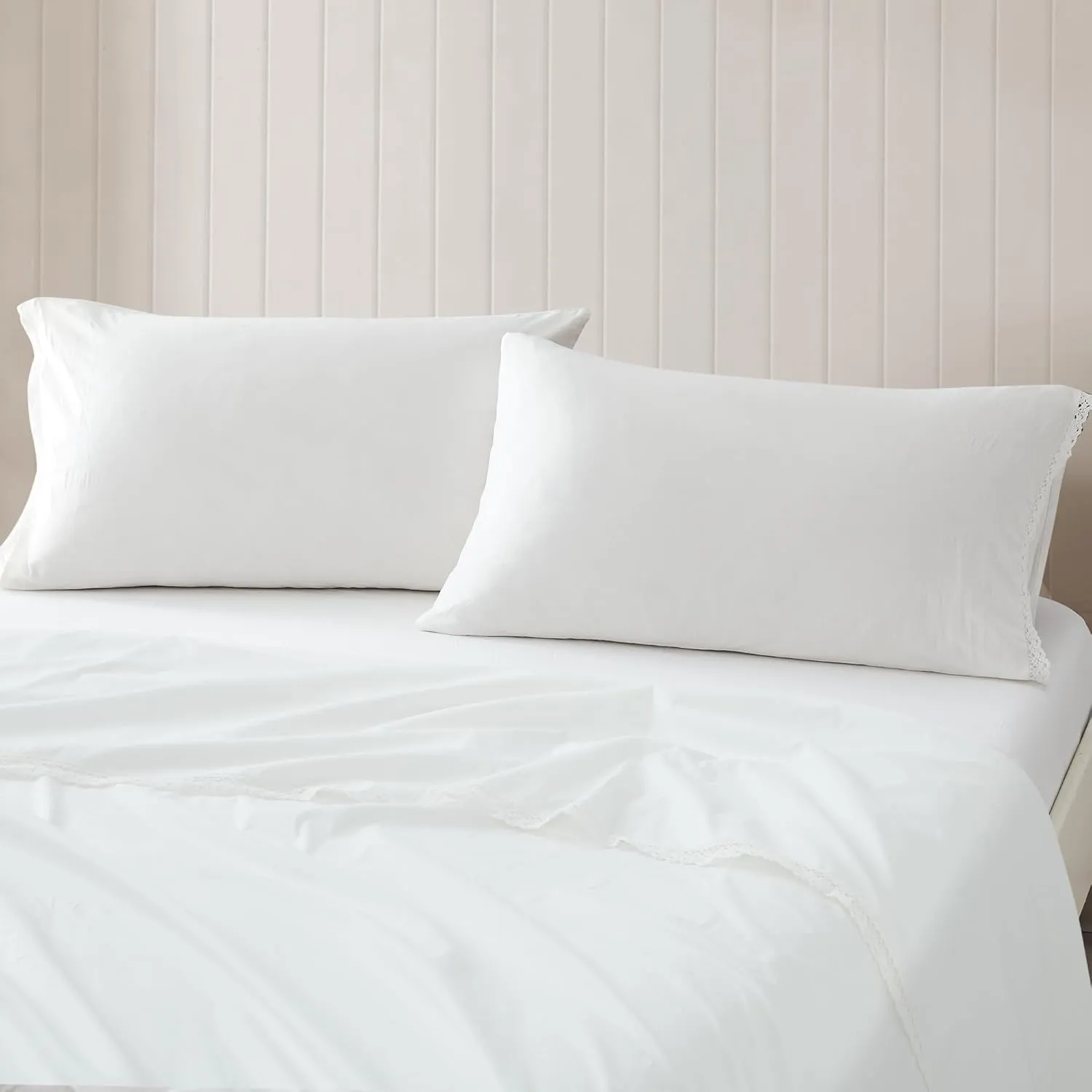 Lush Decor Evelyn Lace Trim Cotton Sheet Set 4 Piece Set Queen White - Cotton Sheets - White Bed Sheets - Farmhouse & Coquette Decor