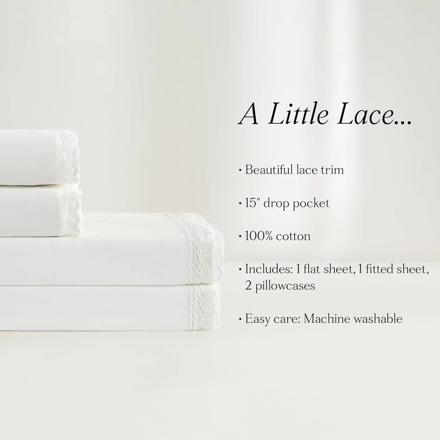Lush Decor Evelyn Lace Trim Cotton Sheet Set 4 Piece Set Queen White - Cotton Sheets - White Bed Sheets - Farmhouse & Coquette Decor