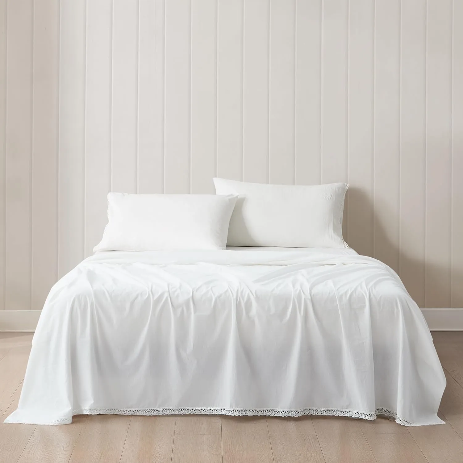 Lush Decor Evelyn Lace Trim Cotton Sheet Set 4 Piece Set Queen White - Cotton Sheets - White Bed Sheets - Farmhouse & Coquette Decor