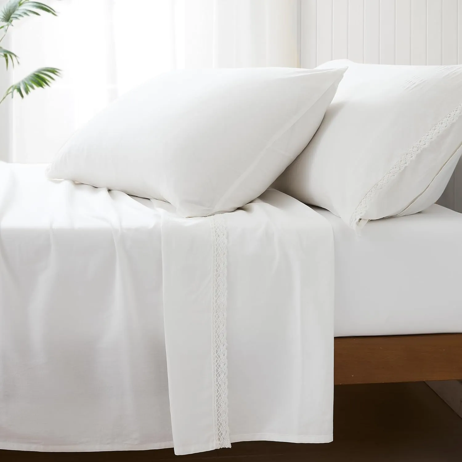 Lush Decor Evelyn Lace Trim Cotton Sheet Set 4 Piece Set Queen White - Cotton Sheets - White Bed Sheets - Farmhouse & Coquette Decor