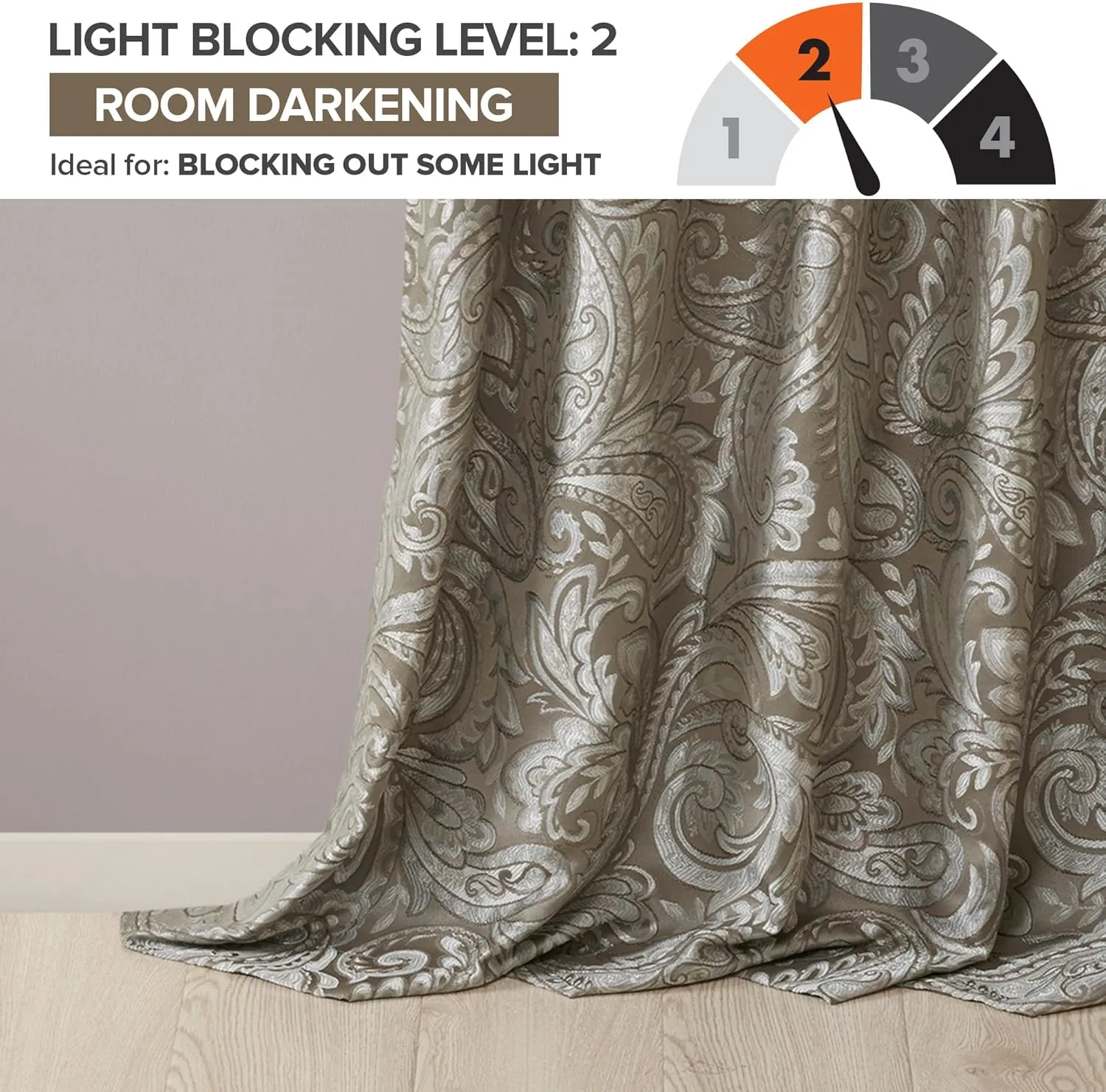 Madison Park Aubrey 2 Panel Curtain Faux Silk Paisley Jacquard, Rod Pocket Curtain for Living Room, Kitchen, Room Darkening Window Drape for Bedroom and Dorm, 2-PK 50x84, Taupe