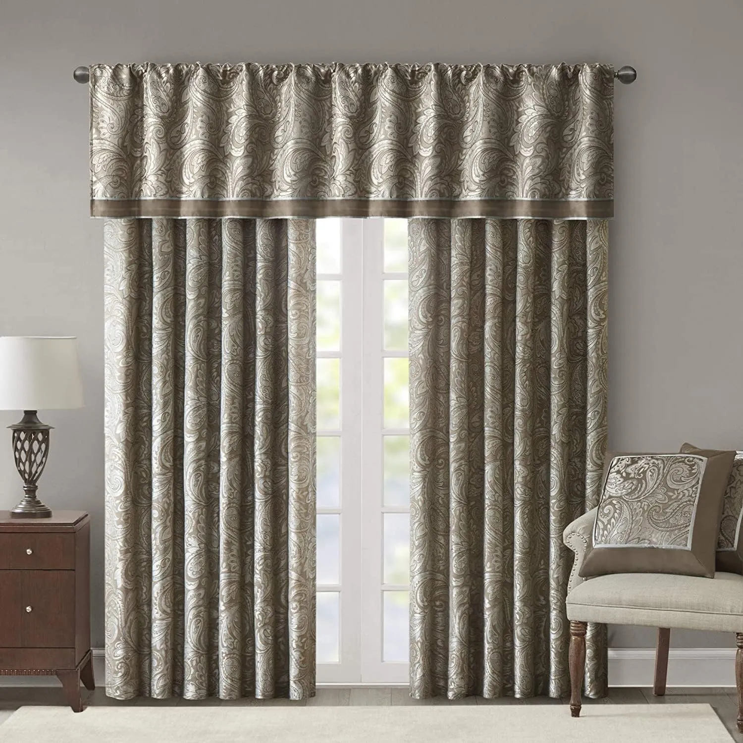 Madison Park Aubrey 2 Panel Curtain Faux Silk Paisley Jacquard, Rod Pocket Curtain for Living Room, Kitchen, Room Darkening Window Drape for Bedroom and Dorm, 2-PK 50x84, Taupe