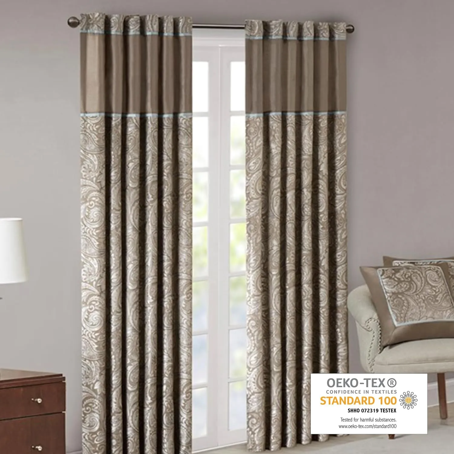 Madison Park Aubrey 2 Panel Curtain Faux Silk Paisley Jacquard, Rod Pocket Curtain for Living Room, Kitchen, Room Darkening Window Drape for Bedroom and Dorm, 2-PK 50x84, Taupe