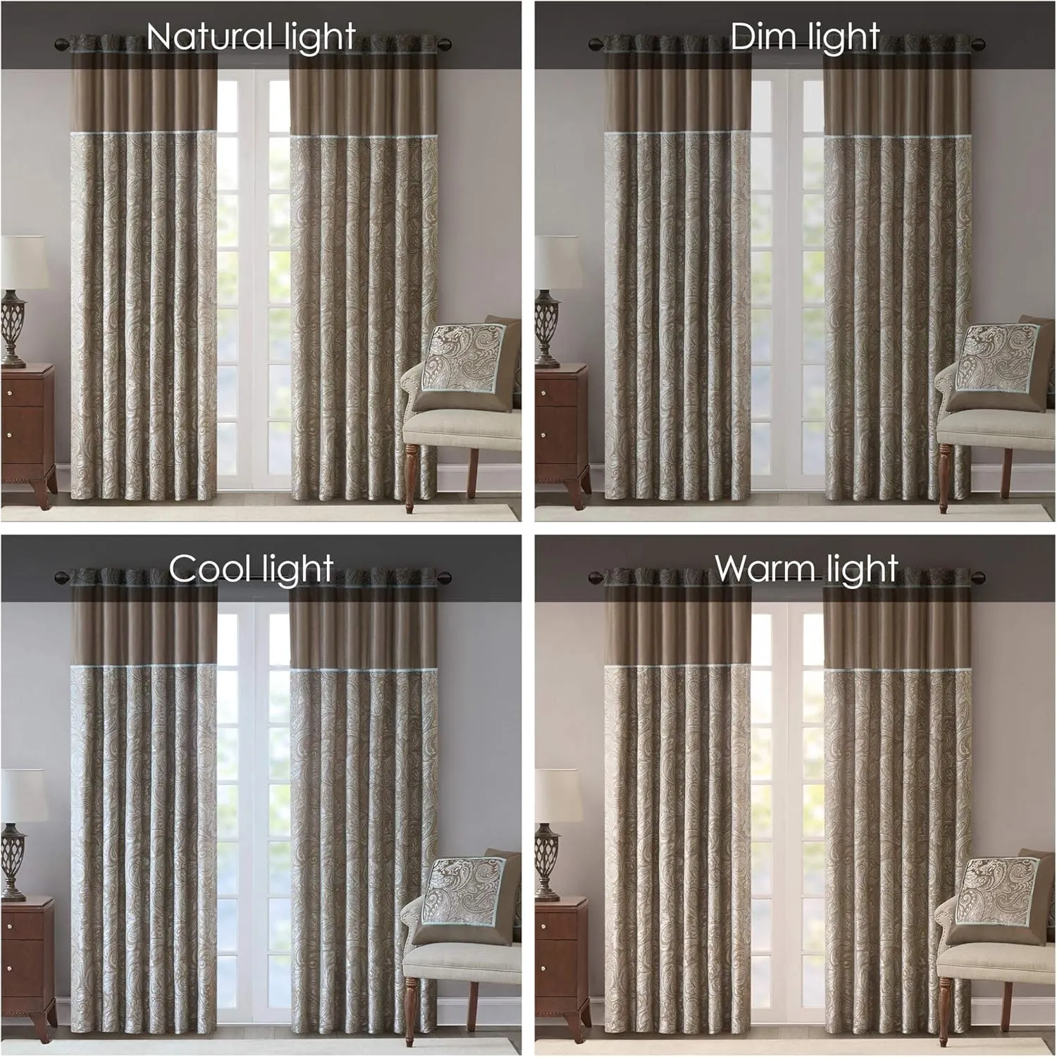 Madison Park Aubrey 2 Panel Curtain Faux Silk Paisley Jacquard, Rod Pocket Curtain for Living Room, Kitchen, Room Darkening Window Drape for Bedroom and Dorm, 2-PK 50x84, Taupe