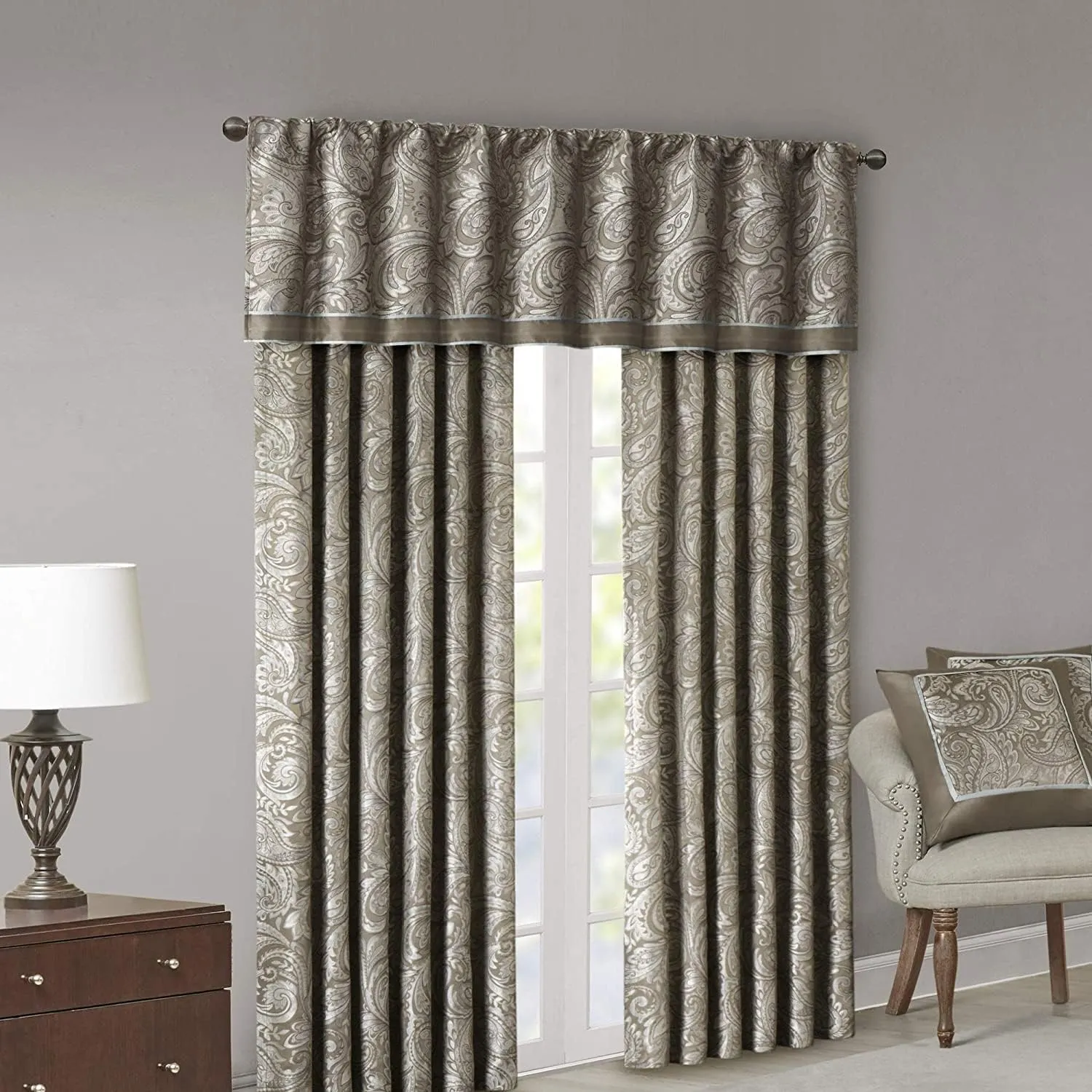 Madison Park Aubrey 2 Panel Curtain Faux Silk Paisley Jacquard, Rod Pocket Curtain for Living Room, Kitchen, Room Darkening Window Drape for Bedroom and Dorm, 2-PK 50x84, Taupe