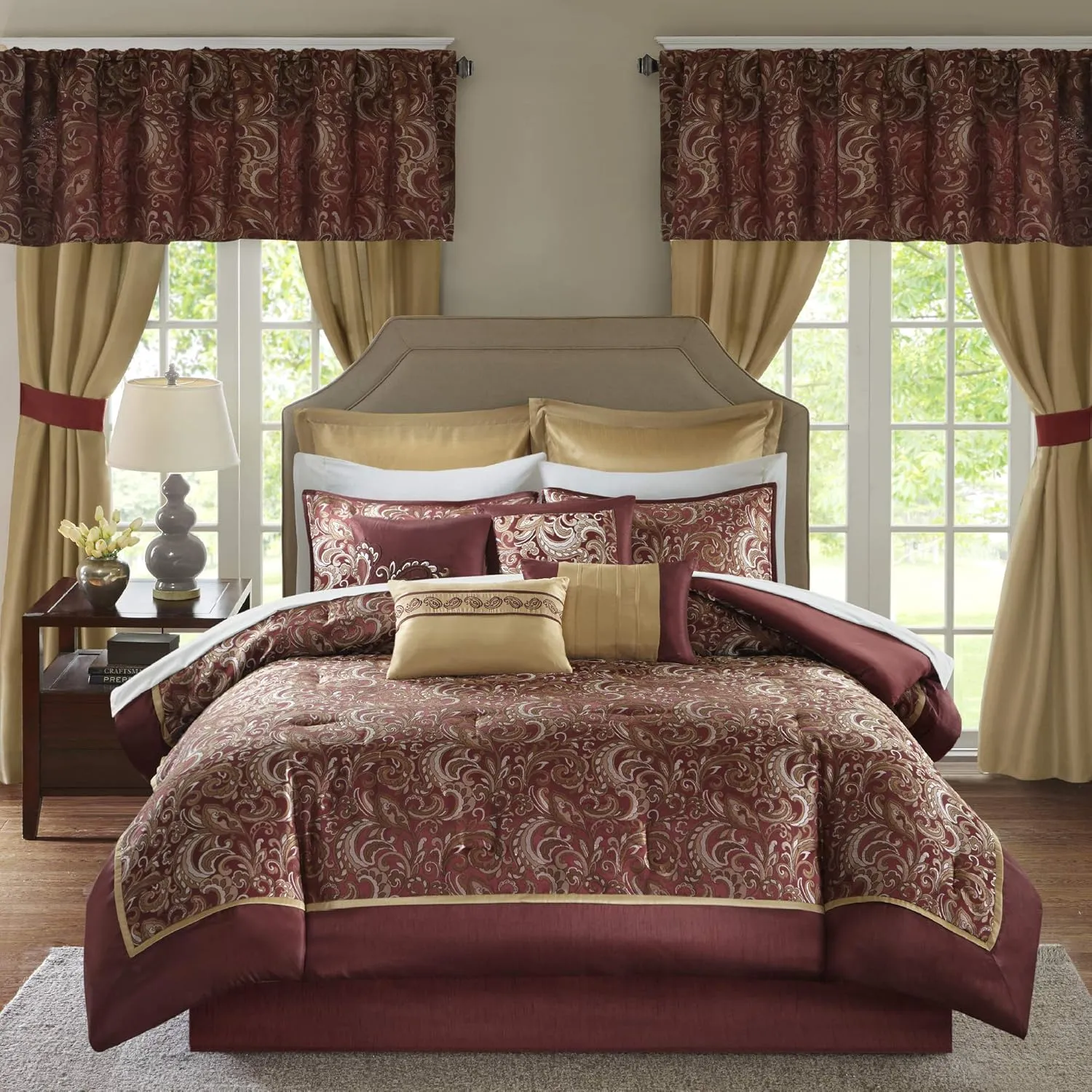 Madison Park Essentials Brystol 24 Piece Room in a Bag Faux Silk Comforter Jacquard Paisley Design Matching Curtains Down Alternative All Season Bedding-Set, Cal King(104"x92"), Red