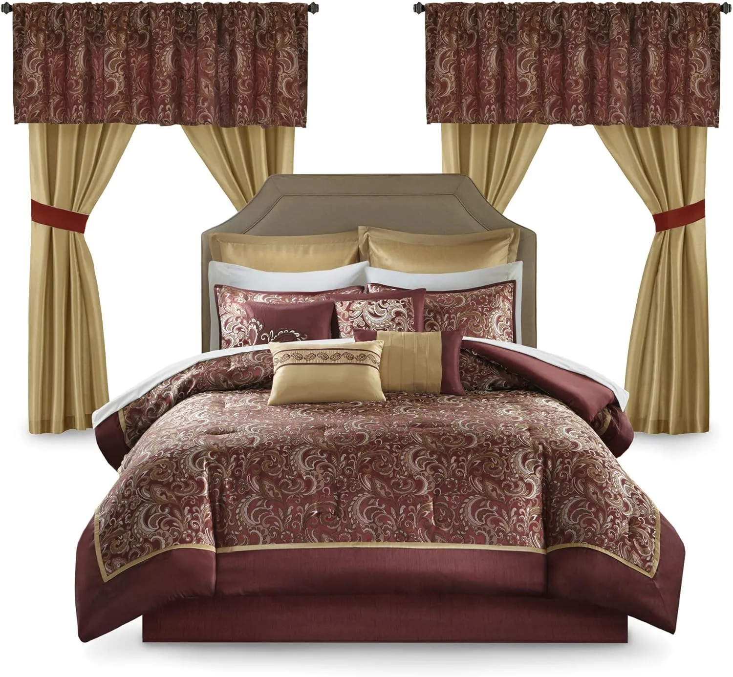 Madison Park Essentials Brystol 24 Piece Room in a Bag Faux Silk Comforter Jacquard Paisley Design Matching Curtains Down Alternative All Season Bedding-Set, Cal King(104"x92"), Red