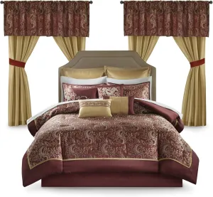 Madison Park Essentials Brystol 24 Piece Room in a Bag Faux Silk Comforter Jacquard Paisley Design Matching Curtains Down Alternative All Season Bedding-Set, Cal King(104"x92"), Red
