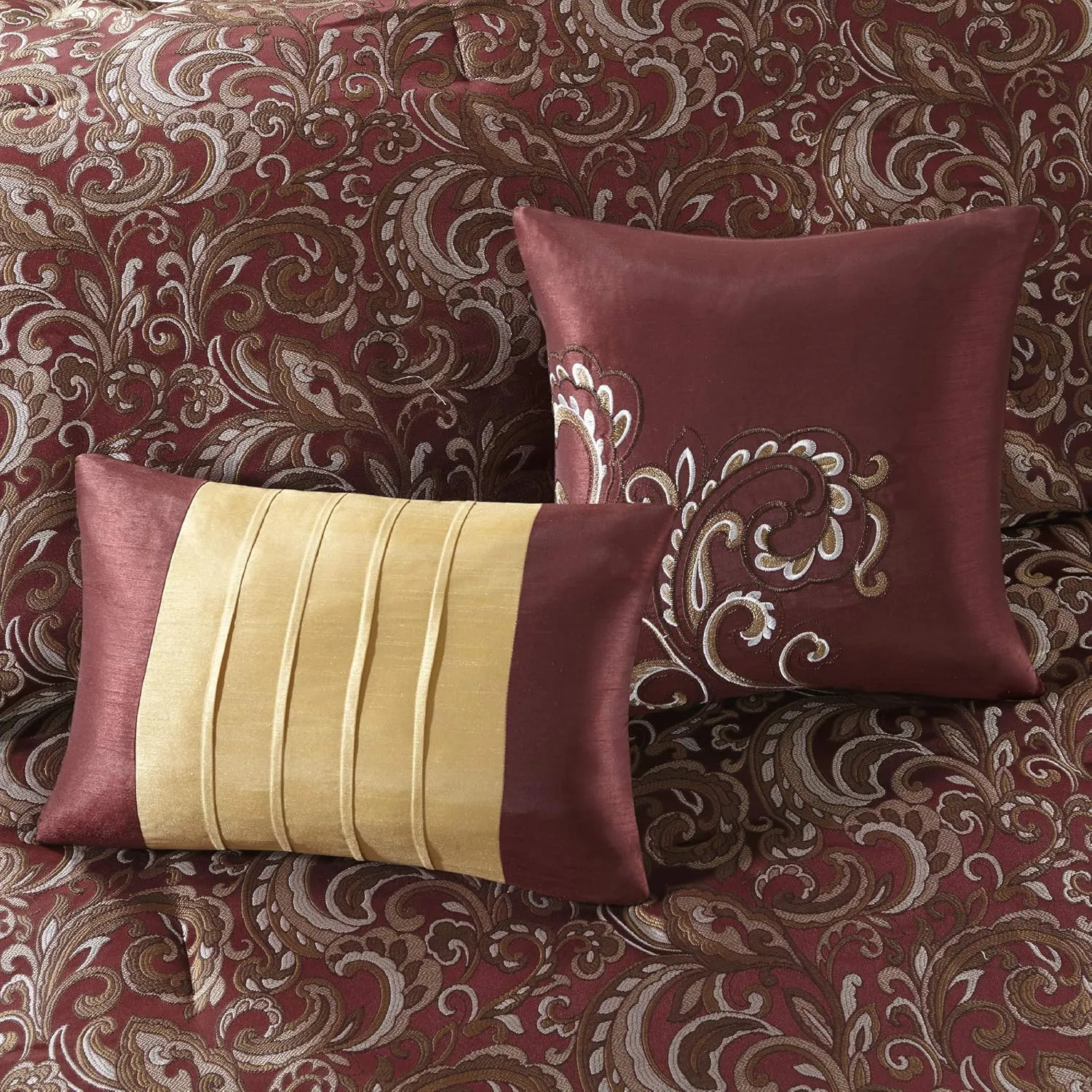 Madison Park Essentials Brystol 24 Piece Room in a Bag Faux Silk Comforter Jacquard Paisley Design Matching Curtains Down Alternative All Season Bedding-Set, Cal King(104"x92"), Red