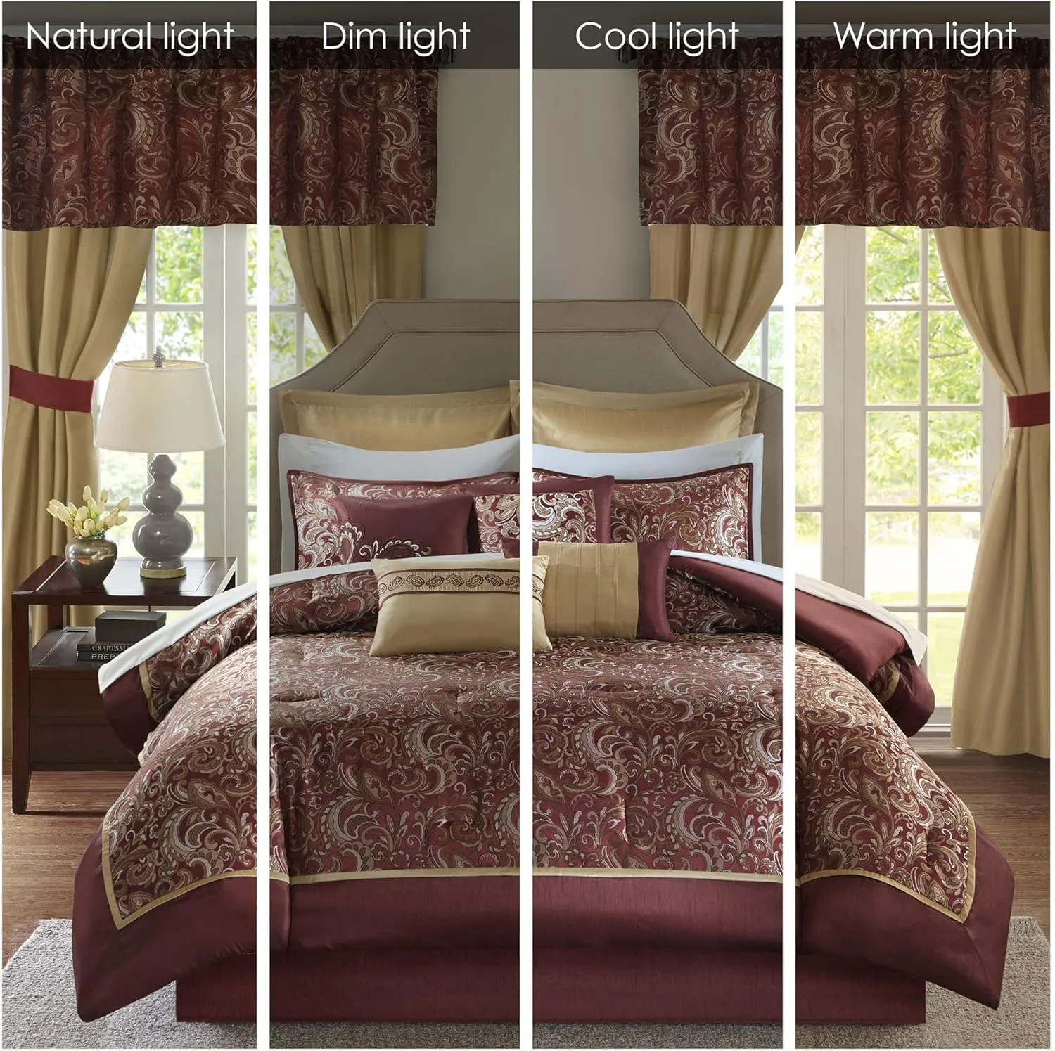 Madison Park Essentials Brystol 24 Piece Room in a Bag Faux Silk Comforter Jacquard Paisley Design Matching Curtains Down Alternative All Season Bedding-Set, Cal King(104"x92"), Red