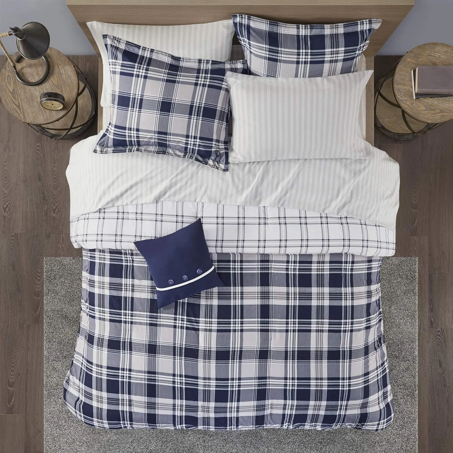 Madison Park Essentials Cozy Bed in A Bag - Reversible Comforter with Complete Sheet Set, Casual Plaid Cabin Design, All Season Cover, Decorative Pillow, Patrick Plaid Navy Twin(68"x86") 6 Piece