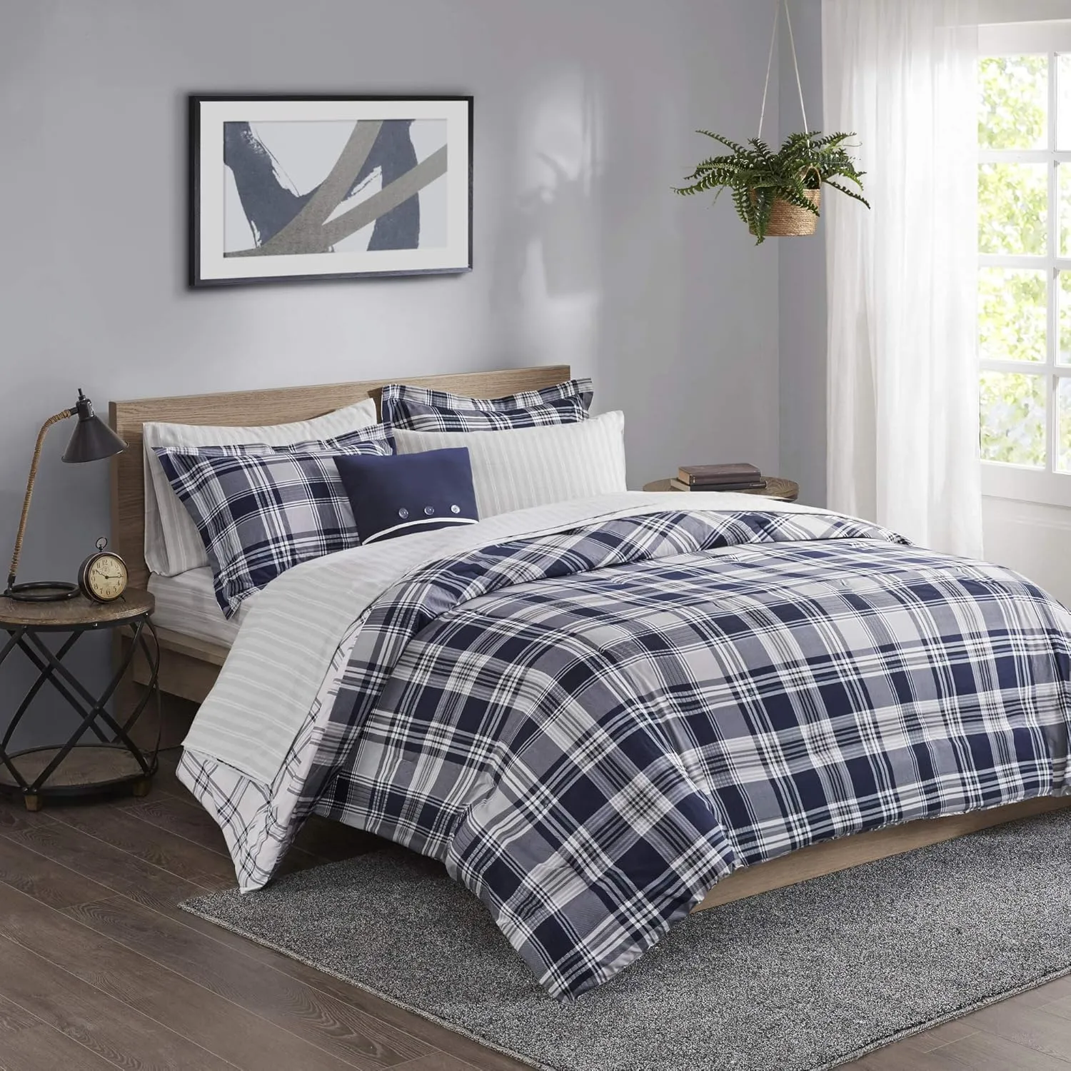 Madison Park Essentials Cozy Bed in A Bag - Reversible Comforter with Complete Sheet Set, Casual Plaid Cabin Design, All Season Cover, Decorative Pillow, Patrick Plaid Navy Twin(68"x86") 6 Piece