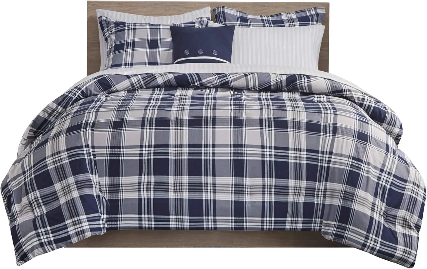 Madison Park Essentials Cozy Bed in A Bag - Reversible Comforter with Complete Sheet Set, Casual Plaid Cabin Design, All Season Cover, Decorative Pillow, Patrick Plaid Navy Twin(68"x86") 6 Piece