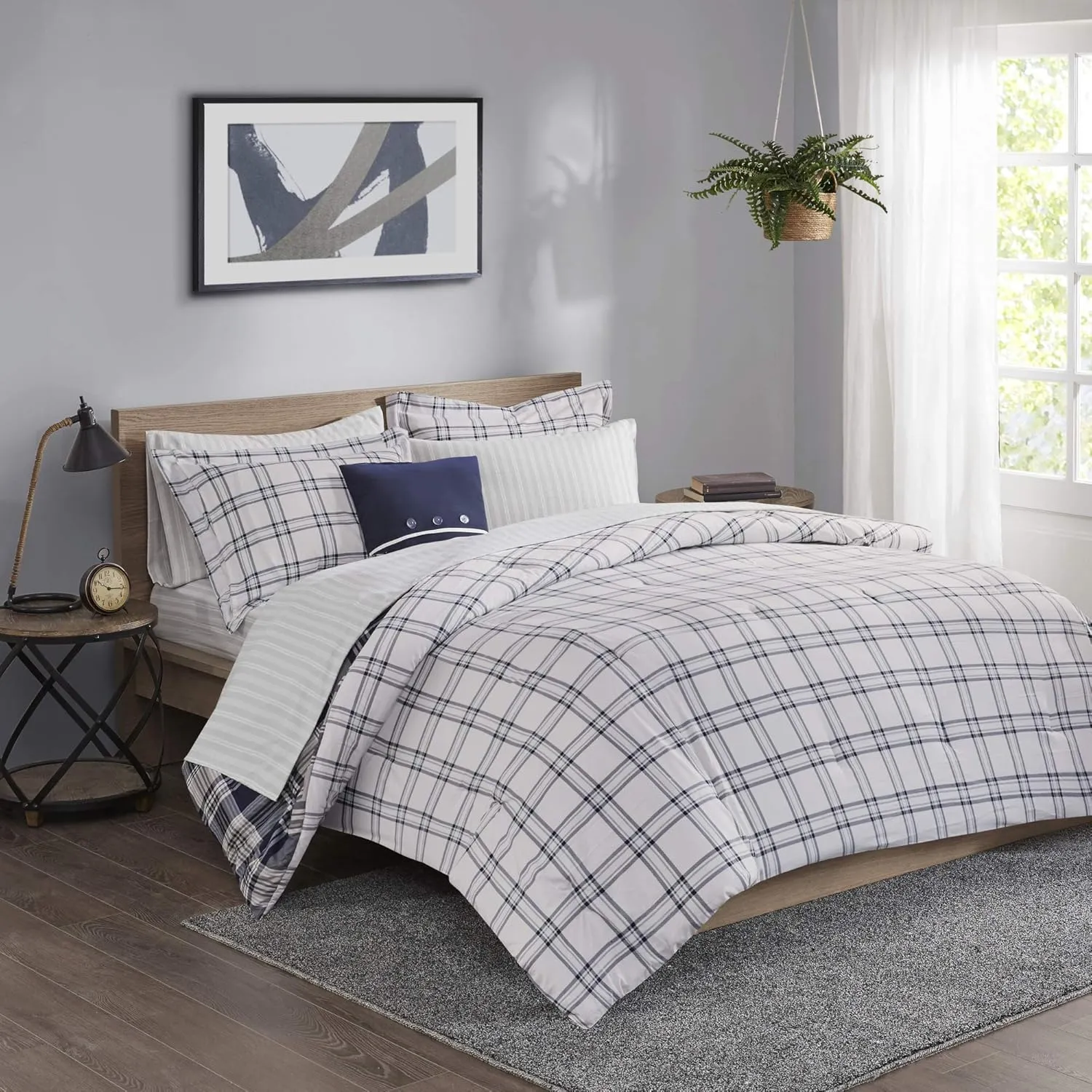 Madison Park Essentials Cozy Bed in A Bag - Reversible Comforter with Complete Sheet Set, Casual Plaid Cabin Design, All Season Cover, Decorative Pillow, Patrick Plaid Navy Twin(68"x86") 6 Piece