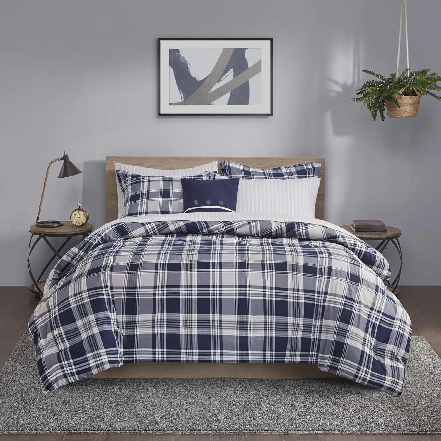 Madison Park Essentials Cozy Bed in A Bag - Reversible Comforter with Complete Sheet Set, Casual Plaid Cabin Design, All Season Cover, Decorative Pillow, Patrick Plaid Navy Twin(68"x86") 6 Piece