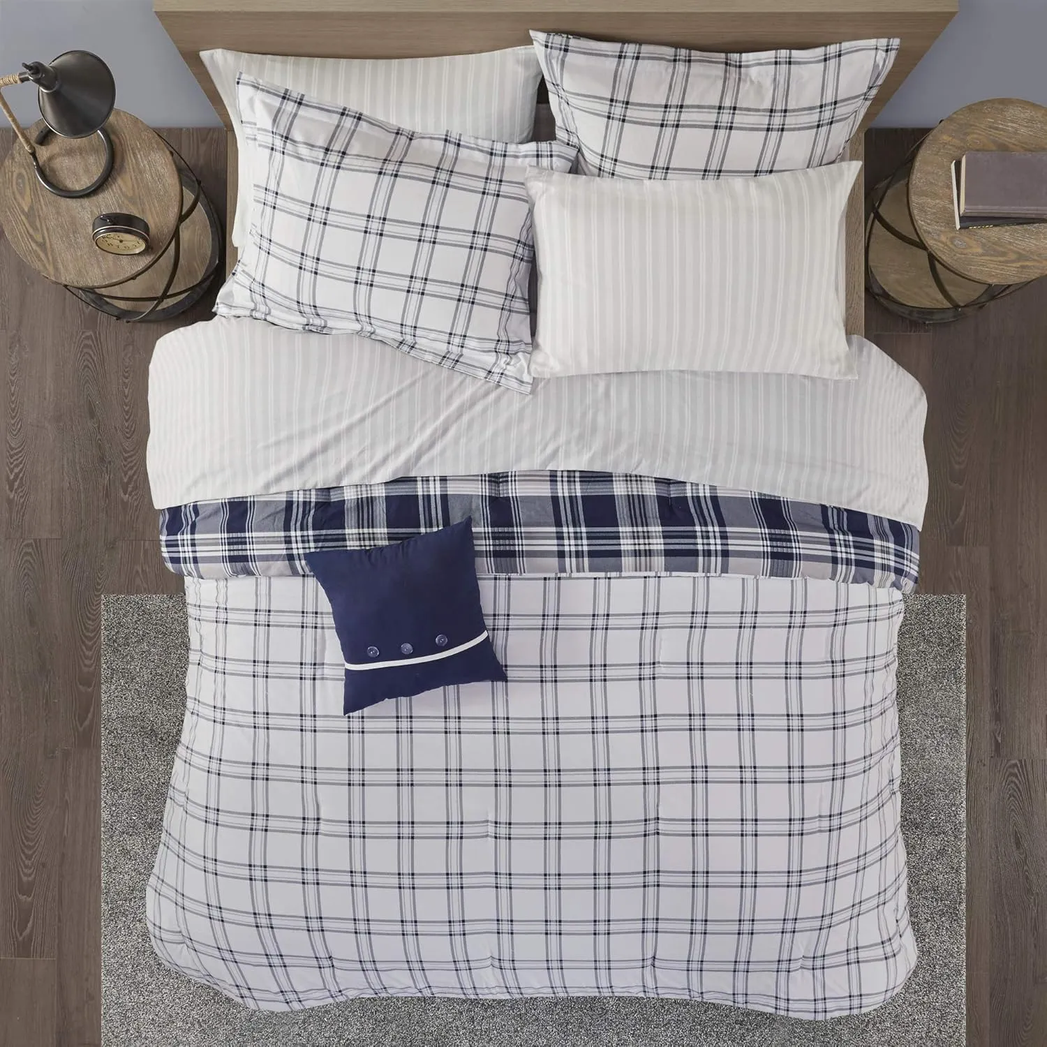 Madison Park Essentials Cozy Bed in A Bag - Reversible Comforter with Complete Sheet Set, Casual Plaid Cabin Design, All Season Cover, Decorative Pillow, Patrick Plaid Navy Twin(68"x86") 6 Piece