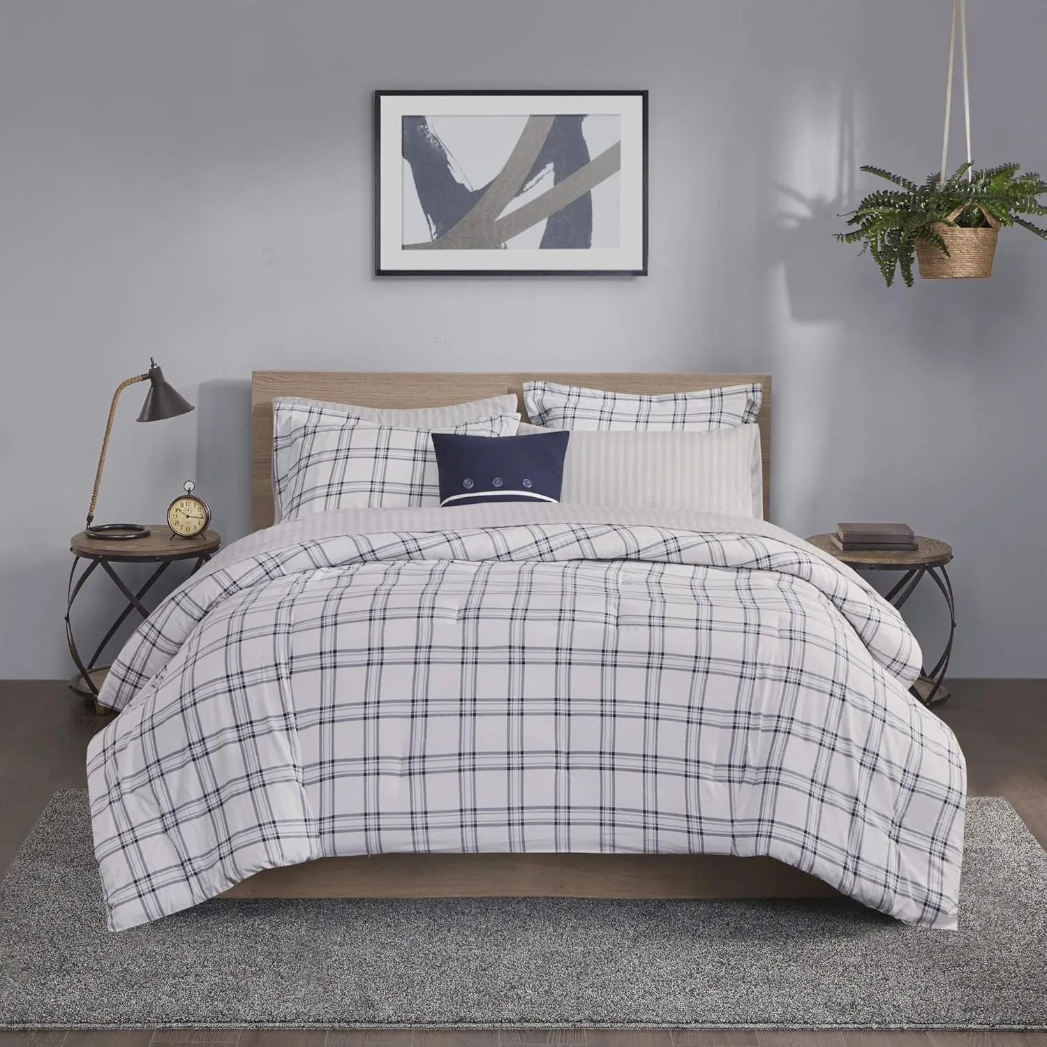 Madison Park Essentials Cozy Bed in A Bag - Reversible Comforter with Complete Sheet Set, Casual Plaid Cabin Design, All Season Cover, Decorative Pillow, Patrick Plaid Navy Twin(68"x86") 6 Piece