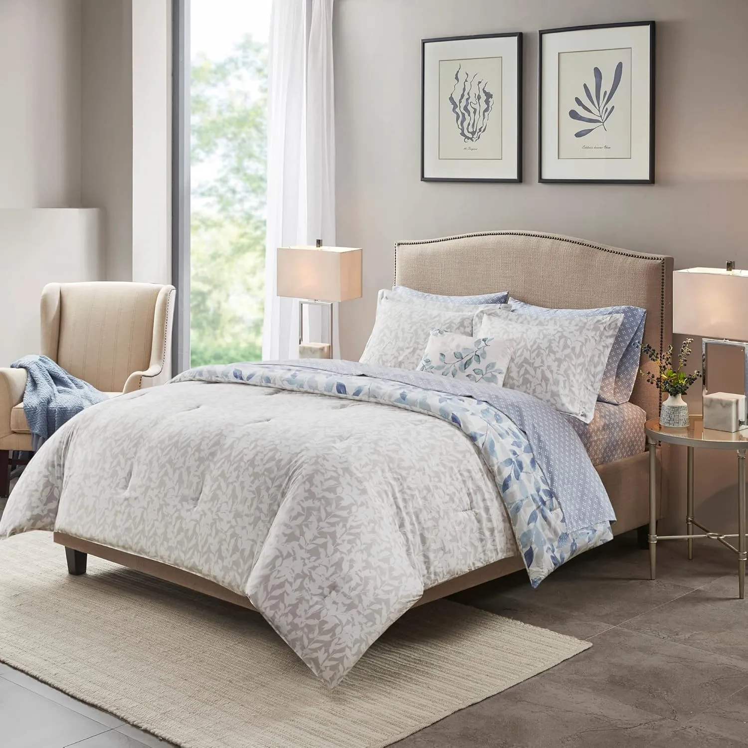 Madison Park Essentials Cozy Bed in a Bag Reversible Comforter with Complete Sheet Set - Modern Botanical Print All Season Cover, Shams, Decorative Pillow, Queen(90"x90"), Blue 8 Piece
