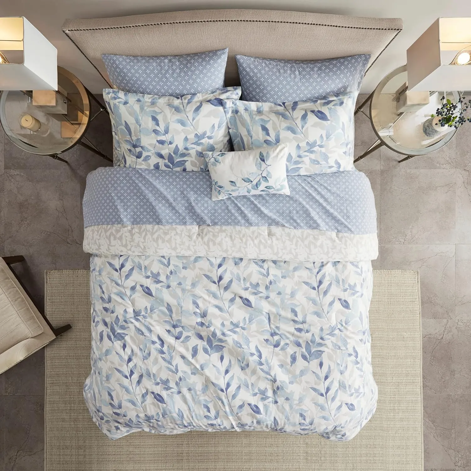 Madison Park Essentials Cozy Bed in a Bag Reversible Comforter with Complete Sheet Set - Modern Botanical Print All Season Cover, Shams, Decorative Pillow, Queen(90"x90"), Blue 8 Piece